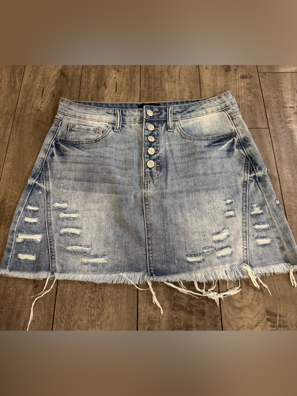 Vervet Distressed Light Blue Denim Mini Skirt with Button Front